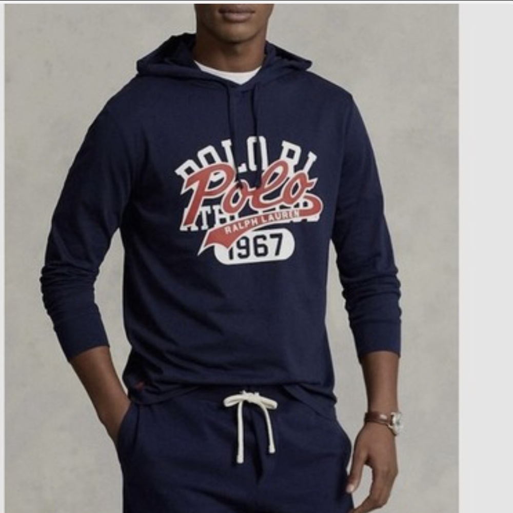 Polo Ralph Lauren Navy Blue Hooded Long Sleeve Tee Shirt for Men Size XL